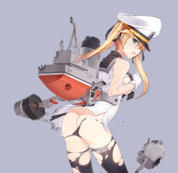Rule 34 | 10s, 1girl, ass, bad id, bad pixiv id, bare shoulders, black panties, black thighhighs, blonde hair, blush, breasts, butt crack, cannon, gloves, green eyes, hat, kantai collection, long hair, mecha musume, military, military uniform, open mouth, original, panties, peaked cap, personification, roks jeong buk (dd-916), simple background, solo, tama (tamatamo), thighhighs, torn clothes, torn panties, torn thighhighs, twintails, underwear, uniform, united states, uss everett f. larson (dd-830), white gloves