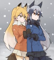 Rule 34 | 10s, 2girls, :|, animal ears, arm grab, black bow, black gloves, black neckwear, black pantyhose, black skirt, blue coat, bow, brown eyes, closed mouth, coat, commentary request, cowboy shot, ezo red fox (kemono friends), fox ears, fox tail, fur-trimmed sleeves, fur trim, gloves, gradient hair, grey hair, kemono friends, long hair, long sleeves, looking to the side, miniskirt, multicolored hair, multiple girls, necktie, orange coat, orange hair, orange neckwear, outdoors, pantyhose, pleated skirt, ree (re-19), silver fox (kemono friends), skirt, snow, standing, tail, white bow, white skirt, winter clothes
