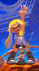 Rule 34 | 1girl, agent 3 (splatoon 3), black shorts, blonde hair, blue sky, bow (weapon), desert, eiffel tower, fangs, fish, full body, grey footwear, hairband, hand up, head tilt, highres, holding, holding bow (weapon), holding weapon, inkling, inkling girl, inkling player character, long hair, looking at viewer, mountain, nintendo, open mouth, outdoors, pointy ears, shirt, shoes, short shorts, short sleeves, shorts, sky, smallfry (splatoon), smile, splatoon (series), splatoon 3, standing, tentacle hair, uno yuuji, upside-down building, weapon, white shirt, yellow eyes