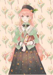 Rule 34 | 1girl, blue eyes, blush, book, braid, brooch, crown braid, dangle earrings, earrings, flower, freckles, hat, heart, heart earrings, high collar, holding, holding book, jewelry, juliet sleeves, long hair, long sleeves, looking at viewer, nail polish, open mouth, original, pink hair, puffy sleeves, skirt, solo, very long hair, yunoto (conceit)