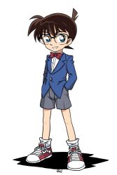 Rule 34 | 1boy, blue eyes, blue jacket, bow, bowtie, brown hair, collared shirt, commentary request, dress shirt, edogawa conan, full body, glasses, grey shorts, grin, hair between eyes, hand in pocket, highres, jacket, long sleeves, looking at viewer, male focus, meitantei conan, muu (mumumer), red bow, red bowtie, red footwear, shadow, shirt, shoes, shorts, simple background, smile, socks, solo, standing, white background, white shirt, white socks