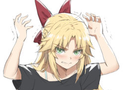 Rule 34 | 1girl, ahoge, alternate costume, black shirt, blush, bow, braid, collarbone, fate/apocrypha, fate (series), green eyes, hair bow, hands up, long hair, mordred (fate), shirt, short sleeves, simple background, solo, tonee, trembling, upper body, white background