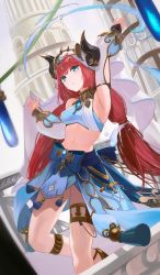 Rule 34 | 1girl, absurdres, anizi, aqua eyes, arm up, armpits, blue bow, blue gemstone, blue nails, blue skirt, bow, breasts, building, commentary, crop top, detached sleeves, fake horns, gem, genshin impact, gladiator sandals, gold trim, harem outfit, highres, horns, long hair, long sleeves, looking at viewer, medium breasts, nail polish, nilou (genshin impact), parted bangs, parted lips, puffy long sleeves, puffy sleeves, red hair, sandals, skirt, solo, thighlet, thighs