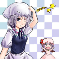 Rule 34 | + +, 2girls, :d, :p, arm up, arms up, aw, bad id, bad pixiv id, bat wings, bloomers, bloomers on head, blue eyes, braid, checkered background, chibi, dojikko pose, female focus, hat, izayoi sakuya, multiple girls, object on head, one eye closed, open mouth, purple hair, red eyes, remilia scarlet, short hair, silver hair, smile, tongue, tongue out, touhou, twin braids, underwear, wings, wink