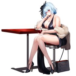 Rule 34 | 1girl, bag, black dress, blue hair, breasts, cleavage, cup, dress, drinking glass, full body, hair between eyes, handbag, hat, high heels, highres, jewelry, large breasts, last origin, light blue hair, looking at viewer, necklace, official art, red eyes, short hair, sitting, snowball22, solo, tachi-e, titania frost, transparent background, wine glass