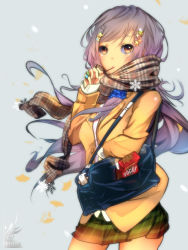 Rule 34 | 1girl, artist name, food, food in mouth, furisode (pixilvina), hair ornament, highres, long hair, looking at viewer, original, pocky, pocky day, purple hair, scarf, school uniform, silver hair, skirt, snowflakes, solo