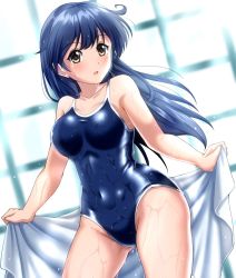 Rule 34 | 1girl, ahoge, black hair, blue one-piece swimsuit, breasts, brown eyes, collarbone, competition school swimsuit, covered navel, cowboy shot, dutch angle, hair between eyes, indoors, kantai collection, large breasts, light rays, long hair, one-piece swimsuit, rei no pool, school swimsuit, shiny clothes, solo, standing, sunbeam, sunlight, swimsuit, towel, ushio (kancolle), wet, wet clothes, wet swimsuit, white towel, zanntetu