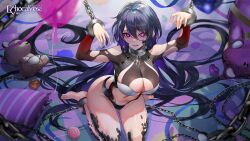 Rule 34 | 1girl, black hair, blue ribbon, breasts, broken, broken chain, candy, chain, character request, collar, copyright name, cuffs, echocalypse, food, heart, highres, kneeling, large breasts, lollipop, long hair, metal collar, navel, official art, pillow, pink ribbon, purple eyes, restrained, ribbon, shackles, slit pupils, solo, stuffed toy, swirl lollipop, teddy (khanshin), tile floor, tiles, torn clothes, very long hair