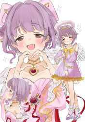 1girl :3 angel_wings bare_shoulders blush brown_eyes commentary_request dress fang feathered_wings frilled_socks frills hair_intakes half-closed_eyes halo heart heart_hands high_heels highres idolmaster idolmaster_cinderella_girls koshimizu_sachiko looking_at_viewer multiple_views open_mouth profile purple_dress purple_hair purple_shoes shoes short_hair simple_background skin_fang smile socks star_(symbol) twitter_username wanwanpaccoro white_background wings