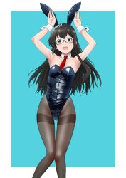 Rule 34 | 1girl, alternate costume, animal ears, black hair, black leotard, black pantyhose, breasts, detached collar, fake animal ears, glasses, green eyes, highleg, highleg leotard, highres, kantai collection, leotard, long hair, mikan 29344886, necktie, ooyodo (kancolle), pantyhose, playboy bunny, rabbit ears, red necktie, small breasts, solo, strapless, strapless leotard, thighband pantyhose, wrist cuffs