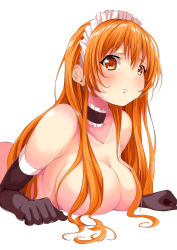 Rule 34 | 1girl, attsun (atsushi jb), black gloves, breast rest, breasts, choker, elbow gloves, gloves, highres, itou kaede, large breasts, long hair, maid headdress, nude, official art, orange eyes, orange hair, seifuku!, simple background, solo, white background