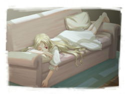 Rule 34 | 1girl, barefoot, blonde hair, child, couch, head rest, lingerie, long hair, lying, nightgown, one eye closed, pillow, red eyes, solo, underwear