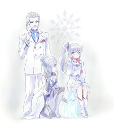 Rule 34 | 1boy, 2girls, boots, cellphone, dog, facial hair, family, formal, gradient background, grimm (rwby), highres, iesupa, image sample, jacques schnee, multiple girls, mustache, pale color, phone, pixiv sample, ponytail, puppy, rwby, siblings, sisters, sitting, suit, weiss schnee, white background, winter schnee