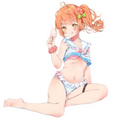 Rule 34 | 1girl, :q, agnamore, ahoge, bad id, bad pixiv id, bare legs, bare shoulders, barefoot, bikini, bikini under clothes, blush, bow, breasts, closed mouth, collarbone, commentary request, crop top, drawstring, food, frilled bikini, frilled sailor collar, frills, full body, green bow, groin, hair bow, holding, holding food, ice cream, korean commentary, looking at viewer, navel, orange hair, orange scrunchie, original, pink bikini, pink bow, sailor collar, scrunchie, shirt, sidelocks, simple background, sitting, sleeveless, sleeveless shirt, small breasts, smile, solo, swimsuit, thigh strap, tongue, tongue out, v-shaped eyebrows, white background, white bikini, white sailor collar, white shirt, wrist scrunchie, yellow eyes, yokozuwari