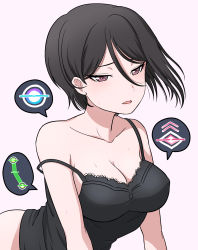 Rule 34 | 1girl, bang dream!, bare shoulders, black camisole, black hair, blush, breasts, camisole, cleavage, commentary, gameplay mechanics, highres, kitayu, large breasts, looking at viewer, off shoulder, open mouth, pink eyes, short hair, solo, sweat, white background, yashio rui