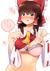 Rule 34 | 1girl, arrow (symbol), ascot, blush, bottomless, bra, breasts, brown eyes, brown hair, clothes lift, come hither, cookie (touhou), detached sleeves, hakurei reimu, heart, kanna (cookie), long hair, looking at viewer, medium breasts, meis (terameisu), mature female, navel, pointing, pointing at self, shirt lift, solo, thick eyebrows, tongue, tongue out, touhou, translated, underwear, v