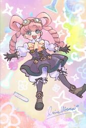 Rule 34 | 1girl, :d, ace attorney, aqua eyes, banao (vanaokun), belt, black belt, black gloves, bloomers, blush, boots, bow, bow-shaped hair, brown footwear, collar, commentary, dress, drill hair, frilled collar, frilled gloves, frilled sleeves, frills, full body, gloves, goggles, goggles on head, hair rings, highres, iris wilson, long hair, looking at viewer, open mouth, outstretched arms, pink hair, puffy sleeves, shirt, smile, solo, sparkle, strapless, strapless dress, the great ace attorney, twin drills, twintails, underwear, white bloomers, white shirt, yellow bow