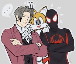 Rule 34 | ..., 3boys, ace attorney, blue eyes, bug, crossed arms, crossover, formal, furry, furry male, gloves, lawyer, looking at viewer, marvel, miles edgeworth, miles morales, multiple boys, multiple crossover, simple background, sonic (series), spider, spider-man: across the spider-verse, spider-man: into the spider-verse, spider-man: miles morales, spider-man (miles morales), spider-man (series), spider-man 2 (2023 game), spider-verse, sqidey, suit, superhero costume, tails (sonic), ultimate spider-man, v