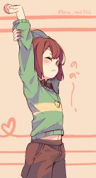 Rule 34 | 1other, arm behind head, brown hair, brown pants, chara (undertale), green sweater, highres, jewelry, keroti, midriff peek, necklace, one eye closed, pants, red eyes, shirt, stretching, striped clothes, striped shirt, sweater, twitter username, undertale