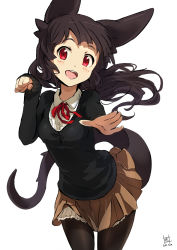 Rule 34 | 1girl, 2012, akaitera, animal ears, black pantyhose, blush, dated, leaning forward, long hair, long sleeves, looking at viewer, open mouth, original, pantyhose, paw pose, pleated skirt, red eyes, signature, skirt, solo, tail, tera-ko, white background