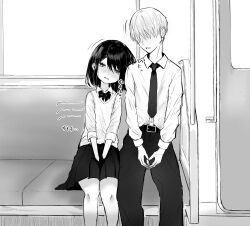 Rule 34 | 1boy, 1girl, absurdres, blush, bow, bowtie, collared shirt, faceless, faceless male, greyscale, highres, leaning on person, monochrome, original, pleated skirt, satou nomi, shirt, shirt tucked in, sitting, skirt, train interior, v arms