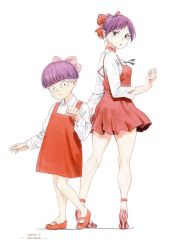 Rule 34 | 2018, 2girls, artist name, bare legs, blunt bangs, boots, bow, bowl cut, choker, closed mouth, collared shirt, commentary, dated, dress, from behind, frown, full body, gegege no kitarou, gegege no kitarou 4, gegege no kitarou 6, hair bow, high heel boots, high heels, horikou, long sleeves, looking at another, looking at viewer, looking back, mary janes, medium dress, multiple girls, name connection, nekomusume, nekomusume (gegege no kitarou 4), nekomusume (gegege no kitarou 6), no socks, parted bangs, parted lips, pinafore dress, pink bow, pointy ears, purple hair, red bow, red choker, red dress, red footwear, shirt, shoes, short dress, short hair, signature, simple background, sleeveless dress, slit pupils, smile, standing, traditional media, white background, white shirt, yellow eyes