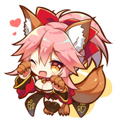 Rule 34 | 10s, 1girl, ;d, animal ear fluff, animal ears, animal hands, black thighhighs, blush, bow, breasts, brown eyes, chibi, cleavage, commentary request, fang, fate/extra, fate/grand order, fate (series), fox ears, fox girl, fox tail, full body, gloves, hair between eyes, hair bow, hands up, japanese clothes, kimono, large breasts, long hair, long sleeves, looking at viewer, natsuki marina, one eye closed, open mouth, paw gloves, paw shoes, pink hair, ponytail, red bow, red kimono, shoes, smile, solo, tail, tamamo (fate), tamamo cat (fate), tamamo cat (first ascension) (fate), thighhighs, wide sleeves