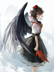 Rule 34 | 1girl, absurdres, bad id, bad pixiv id, bird wings, black hair, black skirt, black wings, eyelashes, feathered wings, frilled skirt, frills, hair between eyes, hat, hauchiwa, highres, holding, leaf print, looking at viewer, open mouth, parted lips, pom pom (clothes), profile, puffy short sleeves, puffy sleeves, red eyes, red hat, shameimaru aya, shirt, short hair, short sleeves, sideways glance, skirt, solo, tokin hat, tokinhr, touhou, white shirt, wings