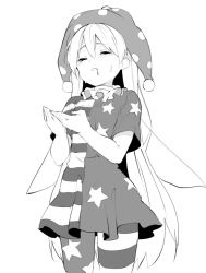 Rule 34 | 1girl, american flag dress, american flag legwear, bad id, bad twitter id, clownpiece, commentary request, cowboy shot, cupping hands, dress, fairy wings, greyscale, half-closed eyes, hasebe yuusaku, hat, jester cap, long hair, monochrome, neck ruff, own hands together, pantyhose, polka dot, saliva, sexually suggestive, short dress, short sleeves, simple background, solo, standing, star (symbol), star print, striped clothes, striped dress, suggestive fluid, tears, touhou, very long hair, white background, wings