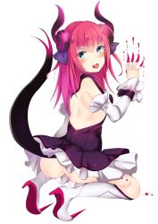 Rule 34 | 10s, 1girl, ashino, ass, bare shoulders, blood, blue eyes, boots, demon tail, elizabeth bathory (fate), elizabeth bathory (fate/extra ccc), elizabeth bathory (fate/grand order), elizabeth bathory (first ascension) (fate), fate/extra, fate/extra ccc, fate/grand order, fate (series), full body, high heel boots, high heels, highres, horns, kneeling, long hair, pink hair, simple background, skirt, solo, tail, tongue, tongue out, white background