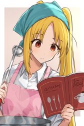 Rule 34 | 1girl, :/, ahoge, apron, blonde hair, bocchi the rock!, book, closed mouth, collared shirt, commentary request, cooking, cooking pot, eyelashes, eyes visible through hair, furrowed brow, head scarf, highres, holding, holding book, holding ladle, ijichi nijika, kanaria hisagi, ladle, light blush, light brown background, long hair, looking at object, parted bangs, pink apron, red eyes, shirt, side ponytail, sidelocks, simple background, solo, steam, upper body, very long hair, white shirt