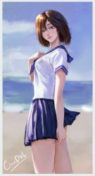 Rule 34 | 1girl, absurdres, artist name, beach, blurry, blurry background, brown hair, cinndvl, commentary, cowboy shot, english commentary, from side, hand on own chest, highres, looking at viewer, ocean, original, purple eyes, school uniform, short hair, short sleeves, skirt, solo