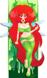 Rule 34 | 1girl, absurdres, bare shoulders, betilla, betilla (rayman), breasts, commentary, english commentary, fairy, full body, green footwear, highres, large breasts, lipgloss, lipstick, long hair, makeup, navel, oigresd, open mouth, rayman, red hair, red lips, shirt, solo, tight clothes, tight shirt, v, very long hair, wings