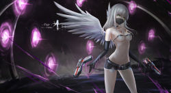 Rule 34 | 1girl, angel wings, bare shoulders, belt, black gloves, black shorts, blurry, breasts, choker, cleavage, collarbone, commentary request, depth of field, elbow gloves, feathered wings, gloves, green eyes, grey hair, gun, handgun, highres, long hair, looking at viewer, mabinogi, mabinogi heroes, magic, mask, medium breasts, mouth mask, navel, open fly, pistol, revealing clothes, short shorts, shorts, solo, standing, thighs, wangchuan de quanyan, weapon, white hair, wings
