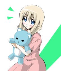 Rule 34 | 1girl, blonde hair, blue eyes, casual, female focus, k-on!, kotobuki tsumugi, long hair, solo, stuffed animal, stuffed toy, tanaka &quot;wonder&quot; hiroshi, teddy bear, white background