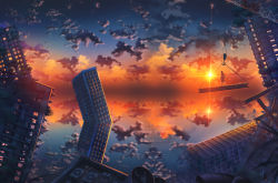 Rule 34 | 1girl, absurdres, air conditioner, building, city, cityscape, cloud, cloudy sky, commentary request, crane (machine), from behind, full body, highres, kenzo 093, long hair, original, ruins, scenery, sheath, sheathed, sky, skyscraper, standing, sun, sunset, sword, tagme, very wide shot, weapon