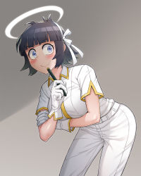 Rule 34 | 1girl, angel, azazel (helltaker), bent over, black hair, blue eyes, blunt bangs, blush, breasts, commentary, cowboy shot, gloves, grey background, hair ribbon, halo, helltaker, highres, large breasts, looking at viewer, pants, ribbon, s-goon, shirt, short hair, short sleeves, simple background, smile, solo, thick eyebrows, uniform, wavy mouth, white gloves, white ribbon, white shirt