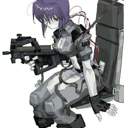 Rule 34 | 1girl, breasts, bullpup, cleavage, crop top, cyborg, fingerless gloves, ghost in the shell, gloves, gun, highres, holding, holding gun, holding weapon, jacket, kusanagi motoko, looking at viewer, medium breasts, northdiiiio, open clothes, open jacket, p90, personal defense weapon, purple hair, red eyes, seat, seatbelt, short hair, sitting, sketch, solo, submachine gun, trigger discipline, weapon, white background, wire