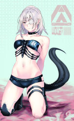 Rule 34 | 1girl, absurdres, arms behind back, bikini, bikini top only, black collar, boots, breasts, collar, commentary request, cyborg, eyepatch, full body, grey eyes, grey hair, groin, highres, kneeling, mechanical tail, medical eyepatch, medium breasts, mstm, navel, original, pouch, short shorts, shorts, skindentation, solo, strapless, strapless bikini, swimsuit, tail, underboob