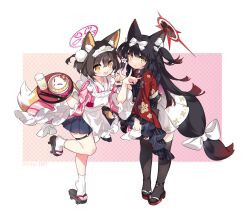 Rule 34 | 2girls, alternate costume, alternate hairstyle, animal ear fluff, animal ears, apron, black hair, black nails, black thighhighs, blue archive, blue skirt, bow, brown hair, chopsticks, closed mouth, commentary request, fang, floral print, food, fox ears, fox girl, fox shadow puppet, fox tail, frilled sleeves, frills, geta, glass, gradient hair, hair bow, halo, highres, holding, holding tray, izuna (blue archive), japanese clothes, kimono, long hair, long sleeves, looking at viewer, maid, maid apron, maid headdress, multicolored hair, multiple girls, nail polish, o-ring, o-ring thigh strap, omelet, omurice, open mouth, outside border, pigeon-toed, pink kimono, pleated skirt, red hair, red kimono, sandals, saru, short hair, skin fang, skirt, smile, standing, standing on one leg, striped clothes, striped kimono, tabi, tail, tail bow, tail ornament, thigh strap, thighhighs, tray, twitter username, two side up, very long hair, wa maid, wakamo (blue archive), white apron, white bow, wide sleeves, zouri