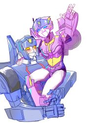 Rule 34 | 1boy, 1girl, armor, blue eyes, blush, carrying, coolmuyanv, helmet, highres, humanoid robot, nautica (transformers), open mouth, robot, robot girl, shoulder armor, simple background, skids (transformers), smile, the transformers (idw), transformers, white background, yellow eyes