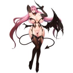 Rule 34 | 1girl, :p, areola slip, armpits, arms up, black thighhighs, blue eyes, blush, body writing, breasts, choker, curvy, demon girl, demon tail, demon wings, elbow gloves, full body, game cg, garter straps, gloves, hair between eyes, high heels, highres, horns, huge breasts, last origin, long hair, looking at viewer, mole, mole under mouth, navel, nipple slip, nipples, official art, open mouth, pink hair, pubic tattoo, pussy, pussy peek, revealing clothes, serapias alice, snowball22, solo, tachi-e, tail, tattoo, thick thighs, thighhighs, thighs, tongue, tongue out, torn clothes, torn thighhighs, transparent background, very long hair, wide hips, wings