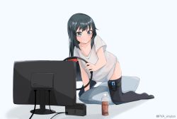 Rule 34 | 1girl, absurdres, alternate costume, asashio (kancolle), black hair, black thighhighs, blue eyes, bottle, highres, kantai collection, long hair, looking to the side, nintendo, nintendo switch, ring-con, ring fit adventure, shirt, simple background, solo, t-shirt, television, thighhighs, twitter username, uut, white background, white shirt