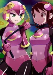 Rule 34 | 2girls, absurdres, breasts, brown eyes, corruption, cosplay, covered navel, curvy, dominatrix, empty eyes, fang, female focus, female pervert, gloves, green eyes, hair ornament, hairclip, highres, holding, holding whip, leotard, looking at another, mayl sakurai (mega man), medium breasts, mega man (series), mega man battle network, multiple girls, netnavi, pervert, pink gloves, pink hair, pink leotard, radeon (skeb), roll.exe (mega man), roll.exe (mega man) (cosplay), sharp teeth, simple background, smile, standing, teeth, thighhighs, weapon, whip, whipping, wide hips