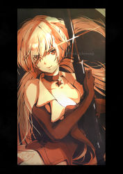 Rule 34 | 1girl, assault rifle, bare shoulders, black border, blonde hair, border, breasts, brown eyes, bullpup, choker, cleavage, commentary request, elbow gloves, eyes visible through hair, girls&#039; frontline, gloves, gun, hair over one eye, highres, holding, holding gun, holding weapon, long hair, looking at viewer, medium breasts, ots-14 (girls&#039; frontline), ots-14 groza, rifle, sakurapiyo2, smile, solo, suppressor, twitter username, weapon