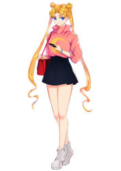 Rule 34 | 1girl, bare legs, bishoujo senshi sailor moon, black skirt, blonde hair, blue eyes, blueorca, bracelet, carrying bag, cellphone, closed mouth, crescent, crescent print, double bun, female focus, full body, hair bun, highres, holding, holding phone, jewelry, legs, long hair, long sleeves, looking at viewer, miniskirt, phone, pink sweater, print sweater, red bag, sailor moon, shoes, simple background, skirt, smartphone, sneakers, solo, standing, sweater, sweater tucked in, twintails, very long hair, white background, white footwear