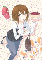 Rule 34 | 1girl, bad id, bad pixiv id, bag, blueberry, blush, brown eyes, brown hair, cake, carrying, casual, chm (macharge), female focus, food, fork, fruit, hair ornament, hairclip, high heels, hirasawa yui, k-on!, leg up, mandarin orange, mouth hold, plate, shoes, short hair, smile, solo, standing, standing on one leg, strawberry