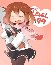 Rule 34 | 10s, 1girl, ^ ^, anchor symbol, black skirt, black thighhighs, blush, brown hair, closed eyes, fang, hair ornament, hairclip, hanomido, heart, highres, holding another&#039;s arm, ikazuchi (kancolle), jewelry, kantai collection, long sleeves, neckerchief, open mouth, pink scarf, pleated skirt, ring, scarf, school uniform, serafuku, short hair, skirt, solo focus, thighhighs, wedding band
