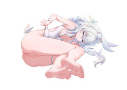 Rule 34 | 1girl, absurdres, animal ear fluff, animal ears, anus, ass, azur lane, barefoot, blue eyes, bottomless, braid, chan sang, cleft of venus, fake animal ears, feet, foot focus, foreshortening, highres, le malin (azur lane), le malin (listless lapin) (azur lane), legs, long hair, lying, official alternate costume, on side, pussy, rabbit ears, shirt, silver hair, simple background, soles, solo, thigh strap, thighs, toes, twin braids, uncensored, white background, white shirt, wrist cuffs