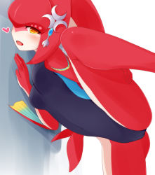 Rule 34 | 1girl, ass, ayatori (aytr), blue one-piece swimsuit, blush, breasts, cameltoe, colored skin, covered navel, fins, fish girl, hair ornament, heart, highres, jewelry, leg up, long hair, medium breasts, mipha, monster girl, multicolored skin, nintendo, one-piece swimsuit, open mouth, pointy ears, red skin, shiny skin, smile, solo, standing, swimsuit, the legend of zelda, the legend of zelda: breath of the wild, yellow eyes, zora
